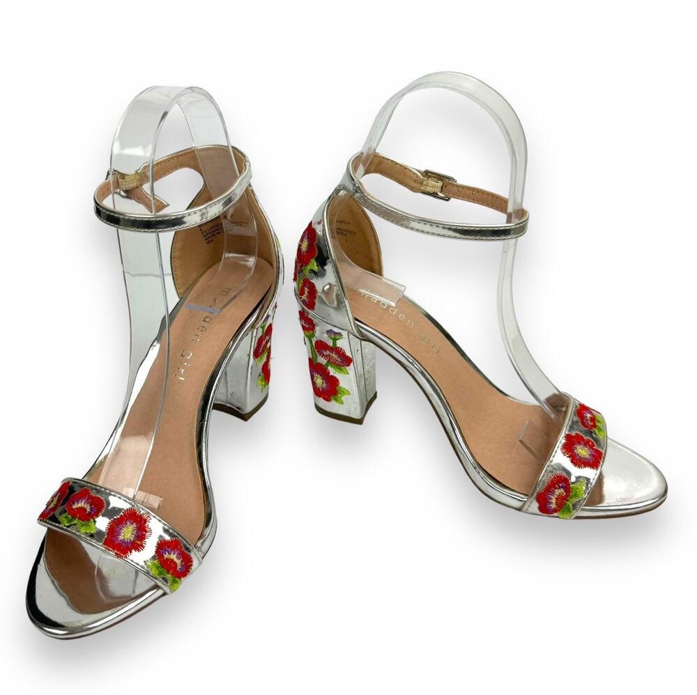 Floral Block Heel Sandals Silver Embroidered Madden Girl W6 Glam
